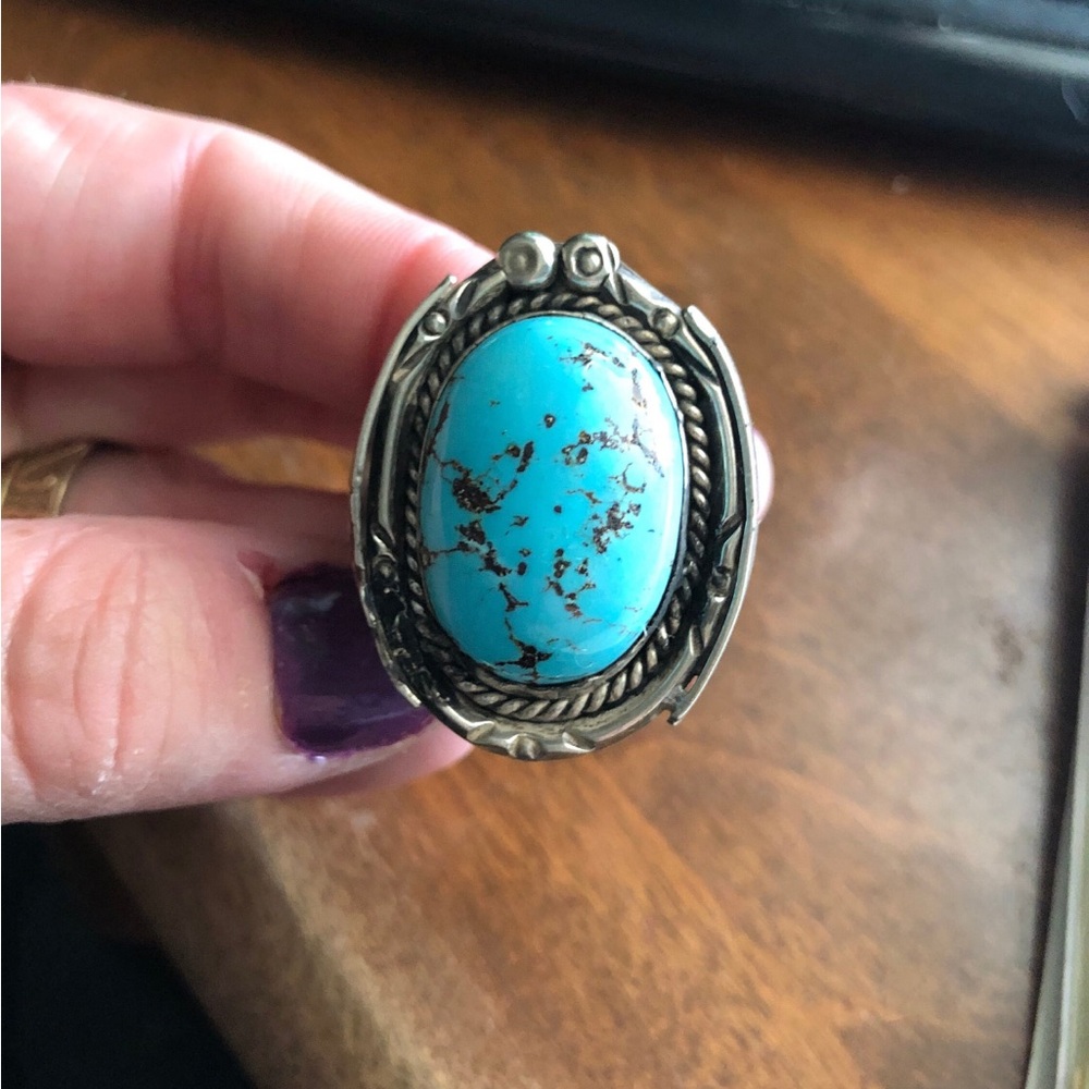 Heavy Sterling Silver Navajo Turquoise Ring - SZ 12